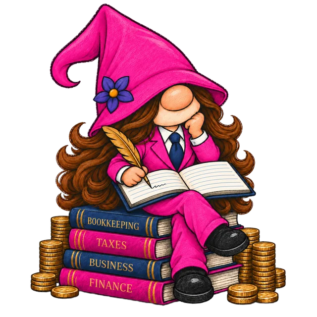 Illustration of the Right Choice Tax & Accounting mascot seated atop a stack of ledger books and coins, tallying figures with a quill
